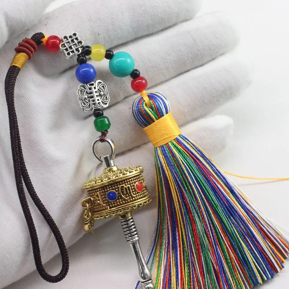 Handwoven Tibetan Prayer Tassel Pendant Colourful Tassel Six-character Mantra Keychain Ethnic Style Spinning Drum