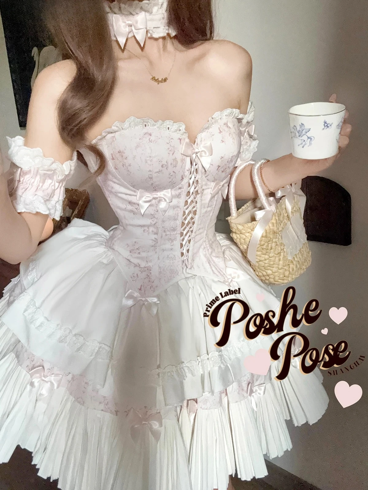

Princess Style Sweet Girls Print Bow Slimming Tube Top Lace-up Off-shoulder Vest and High Waist Short Skirt Accessory Set