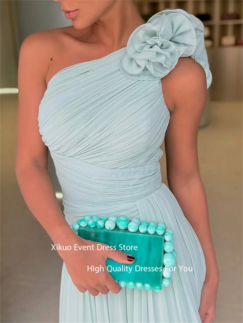 Xikuo-preciosos Vestidos de Noche de un hombro, vestido de fiesta fruncido con flores en 3D, Vestidos de gasa Para Eventos Especiales personalizados