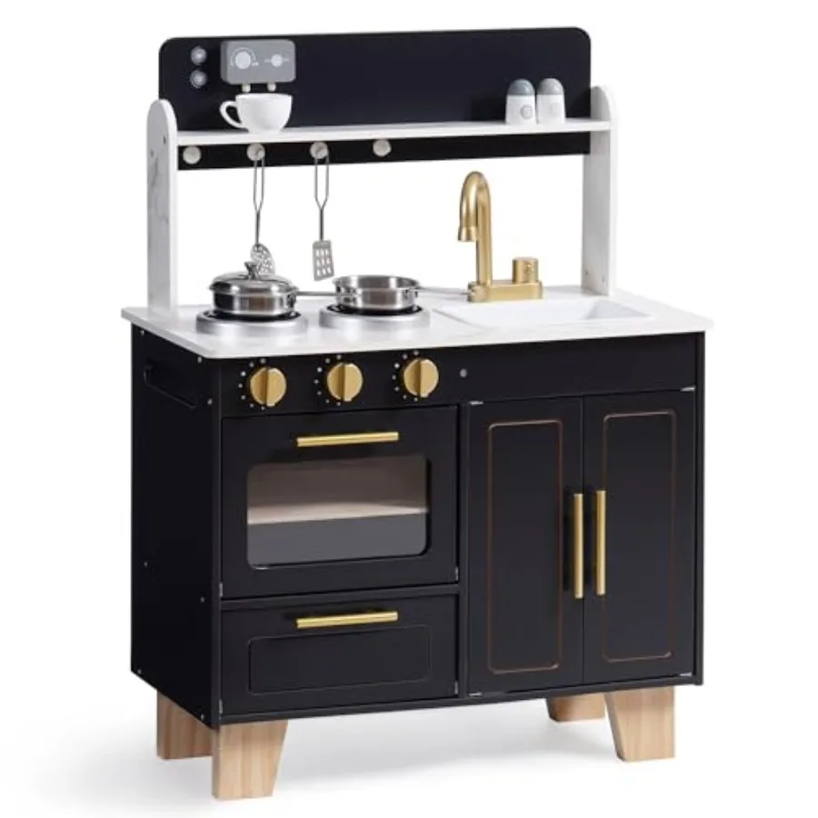 

Play Kitchen for:Wooden Pretend Play Set with Marble-Style Countertop, Modern White Natural Wood Kitchen for Ages 3+