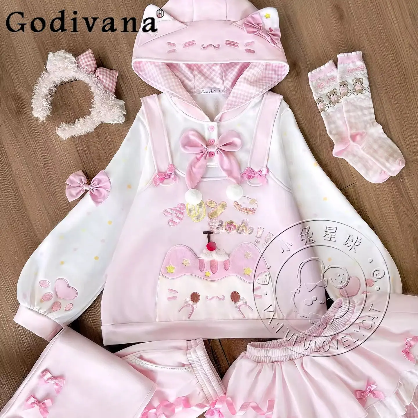 

Комплект из худи, юбки и брюк с мультяшным принтом в стиле Kawaii для девочек, весна 2025, одежда Y2K, милые топы