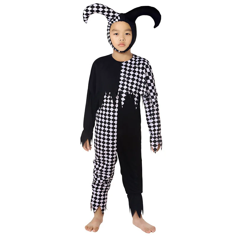 

2026 New Arrivals Boys Black and White Dark Jester Outfit Scary Halloween Fancy Dress Up Girls Horror Clown Evil Jester Costume