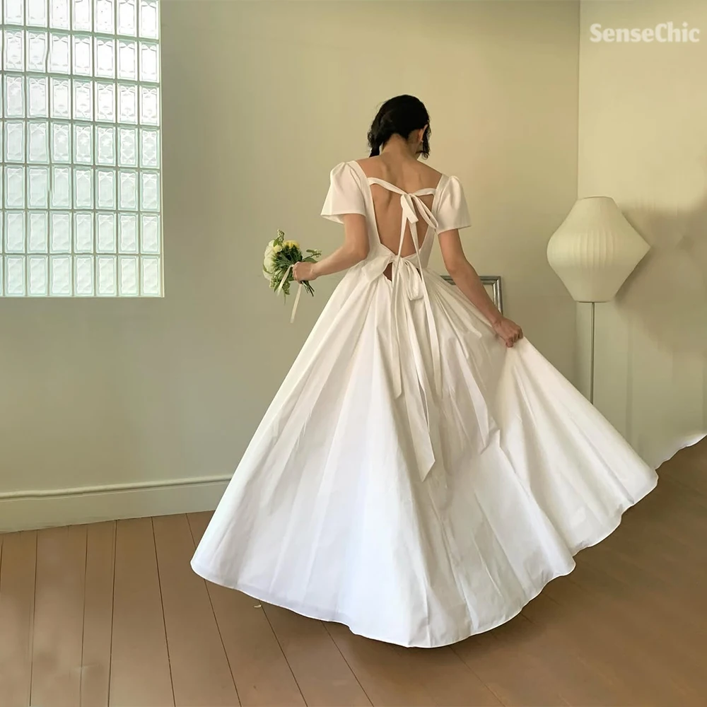 2025 웨딩드레스 새틴 스퀘어 넥 한국 A라인 반팔 정장 웨딩드레스 섹시 백 여성 신부 드레스 맞춤 제작