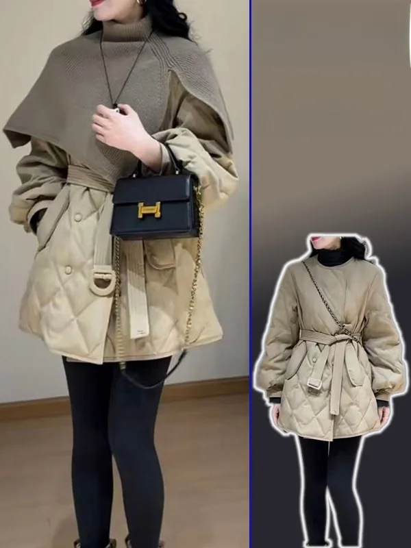 

plus Size Cotton Jaet Knitted High Collar Waist Cinched Diamond Pattern Faionable Two Piece Set for Women Winter Warm Cas...