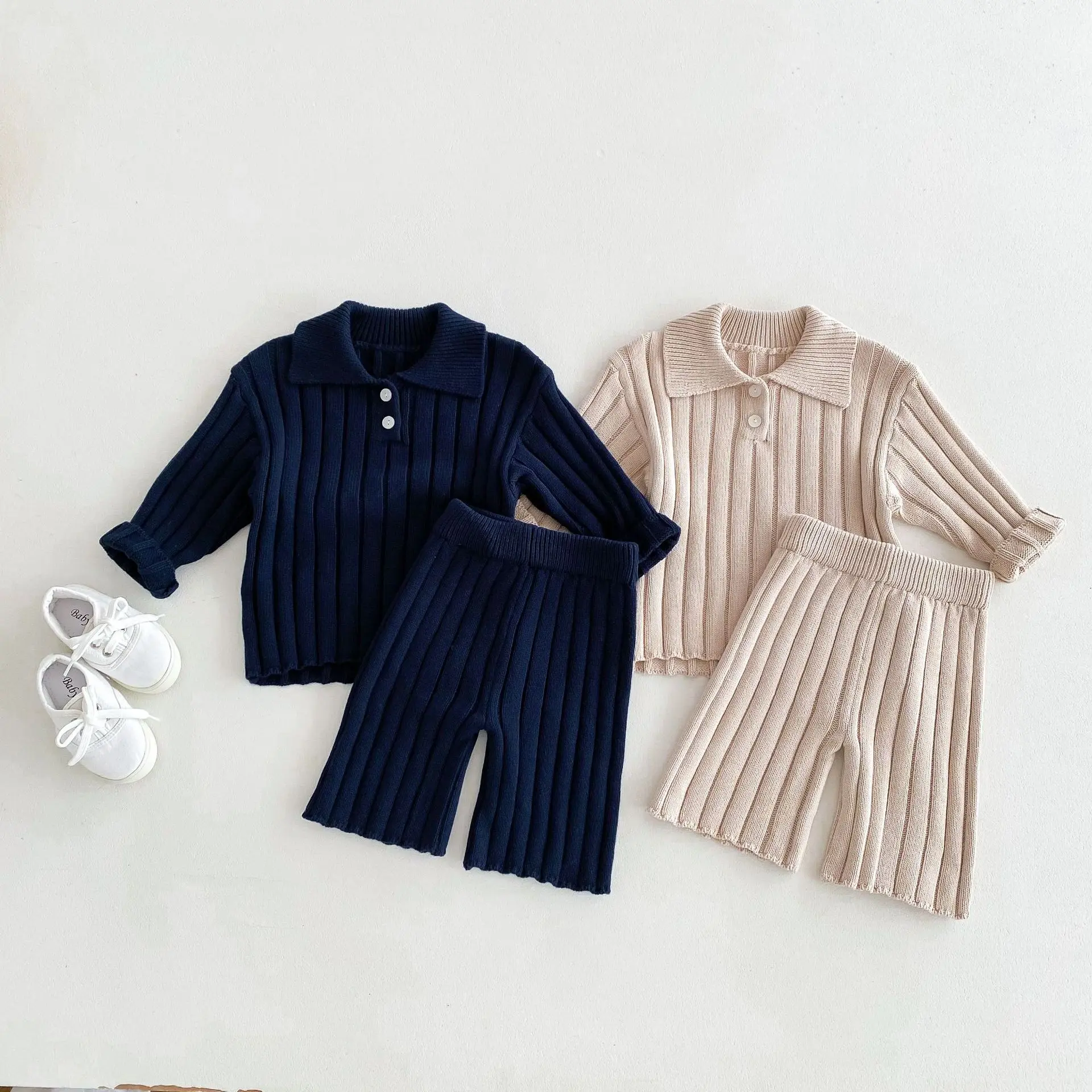 2024 Autumn New Children Long Sleeve Casual Set Solid Boys Girls Lapel Knitted Sweater + Pants 2pcs Suit Kids Versatile Outfits