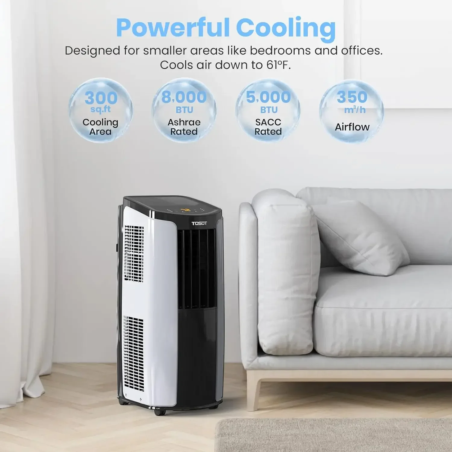 8,000BTU (5,000 BTU SACC) Portable Air Conditioner, Smart Wifi Control, Fan, Cool Rooms Up to 300 Square Feet, Shiny Series USA