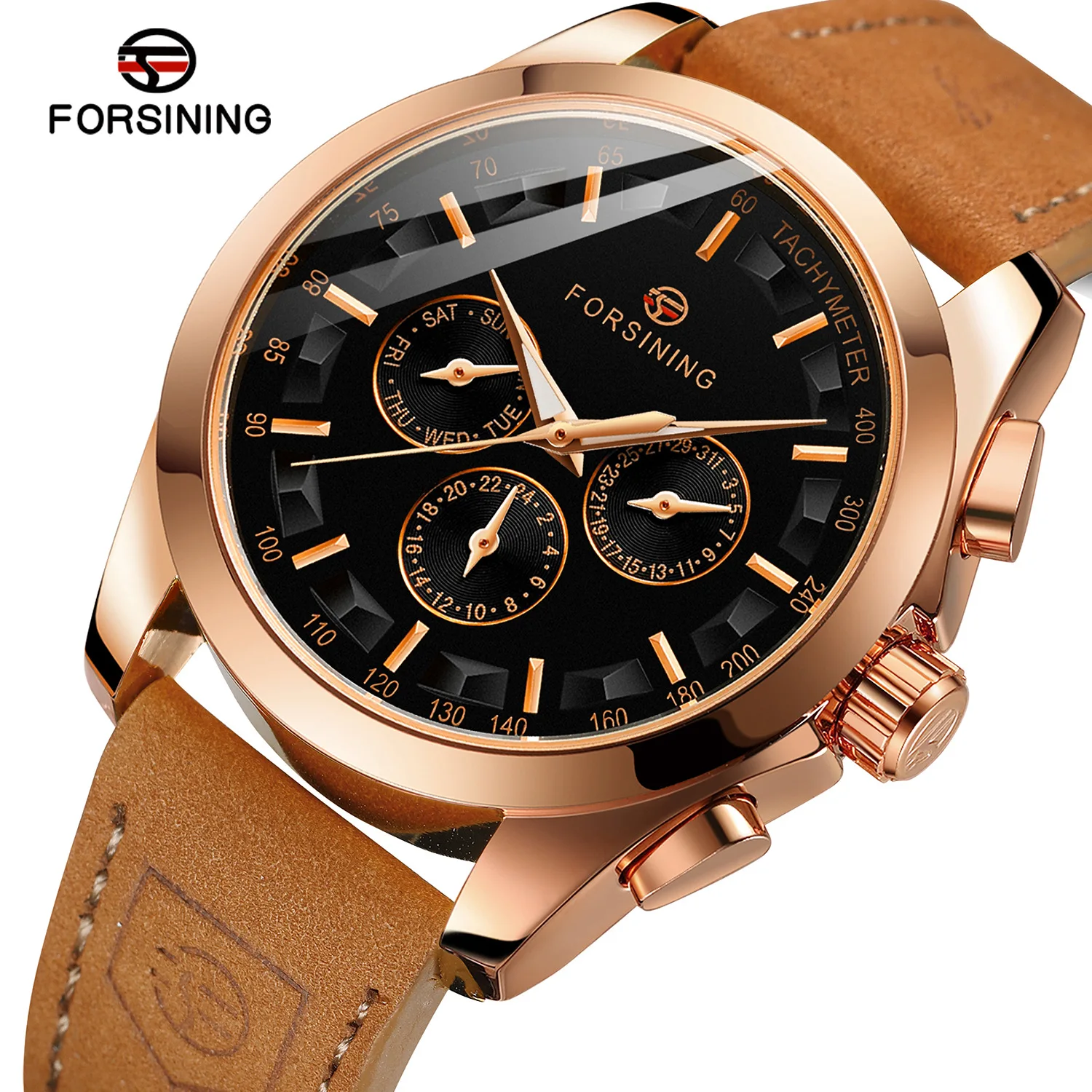 Fashion Forsining Top Brand Men's Leisure Machinery Multi Functional Automatic Mechanical Vintage Genuine Leather Wrist Watches