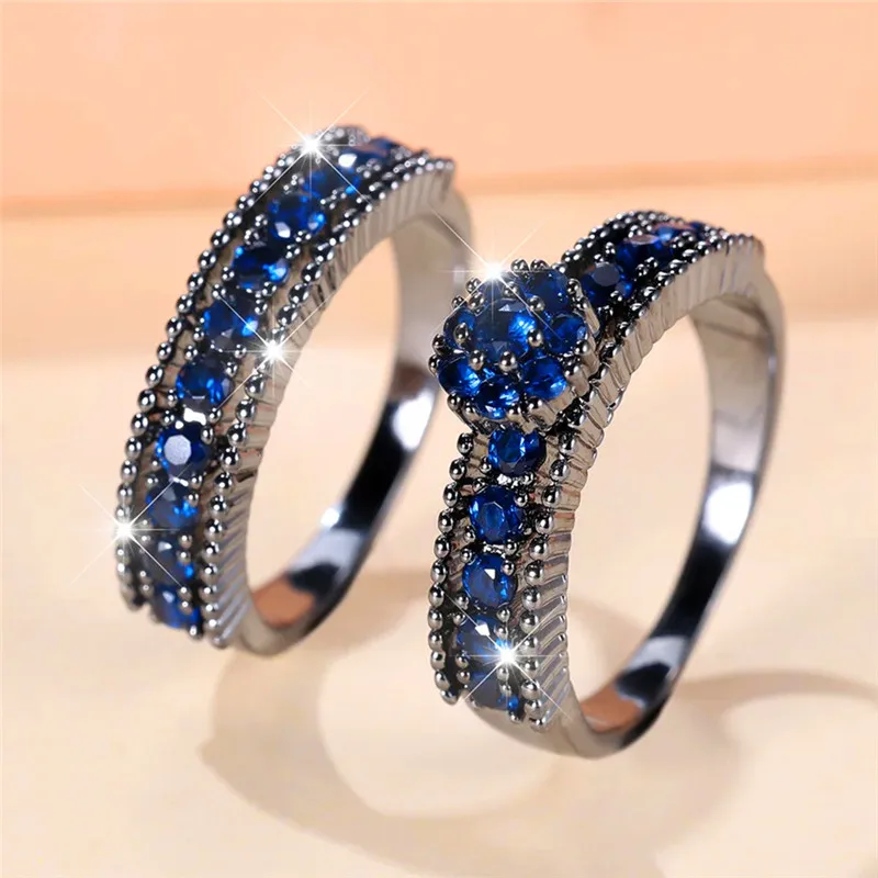 Luxury Female Green Blue Zircon Stone Round Ring Set Trendy Black Gold Color Engagement Bride Wedding Jewelry Gift For Women