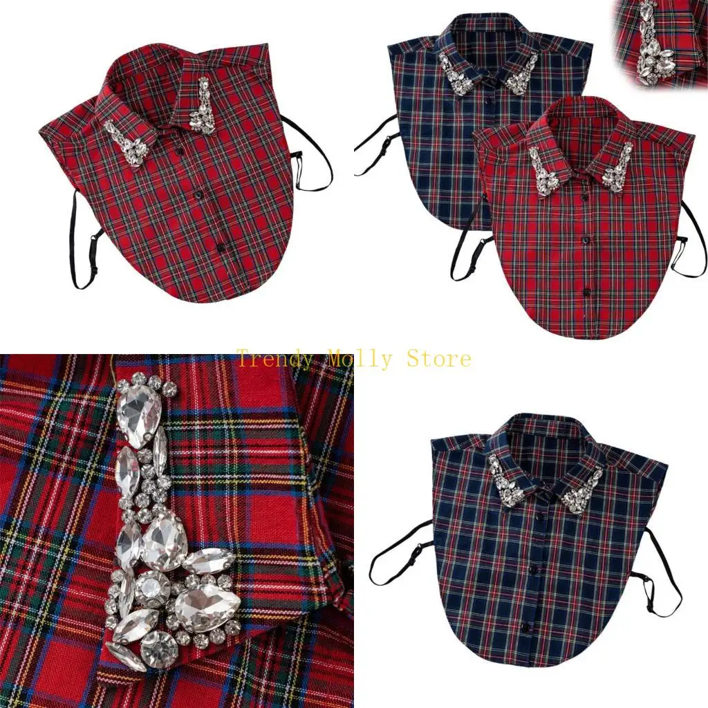N5KB Stylish Plaids Pattern Collar Inlaid With Shimmering Crystals Comfortable Daily Wear