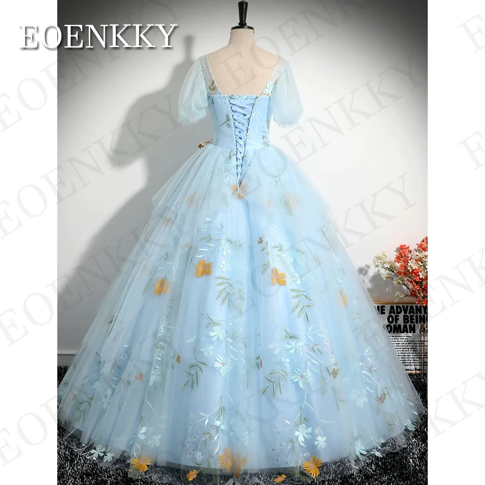 Blue Puff Sleeves Prom Dresses Floral Embroidery A Line Tulle Sweetheart Neck Evening Formal Occasion Dress vestidos de gala