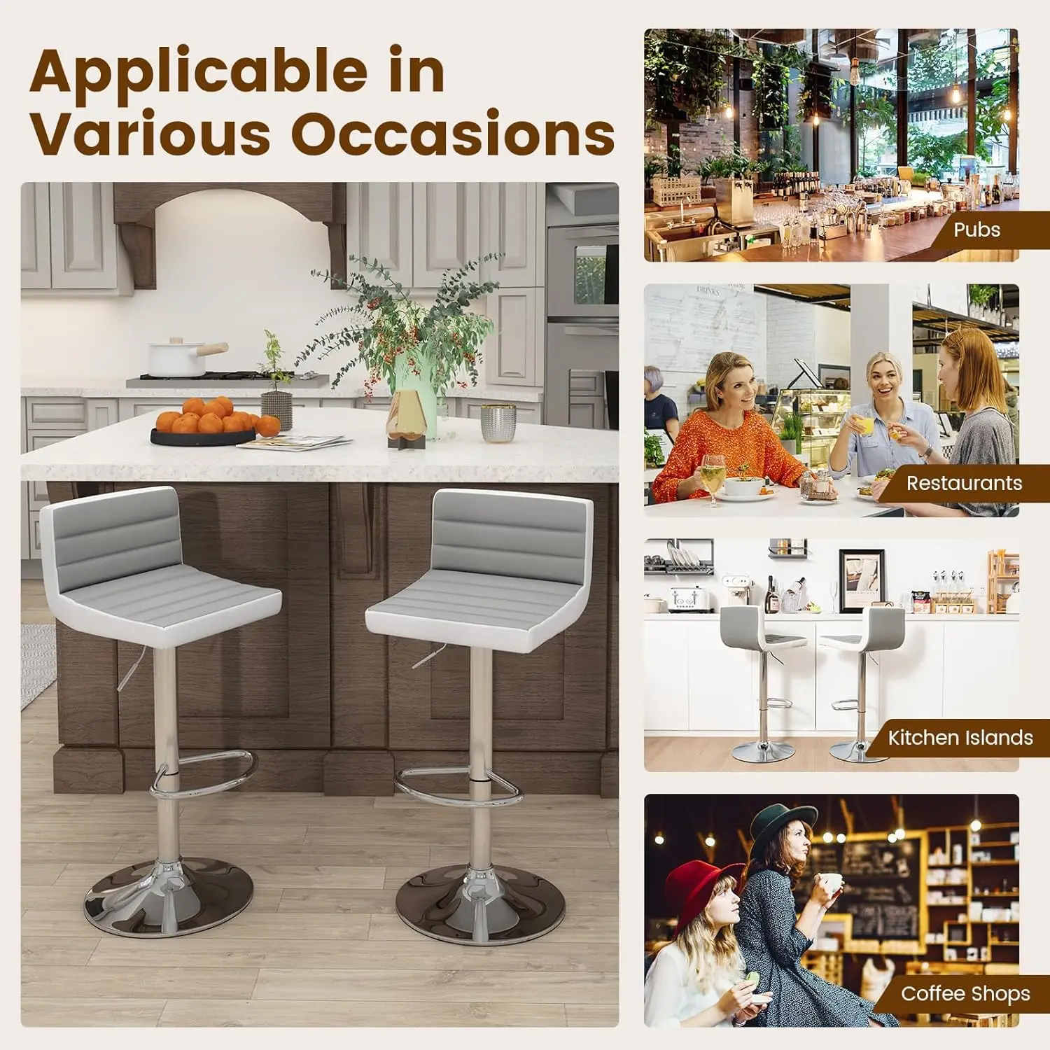 مجموعة مقاعد بار قابلة للتعديل مكونة من 2، كراسي بار حديثة من جلد البولي يوريثان مع ظهر، مسند للقدمين، مقاعد للبار منجدة بارتفاع مضاد