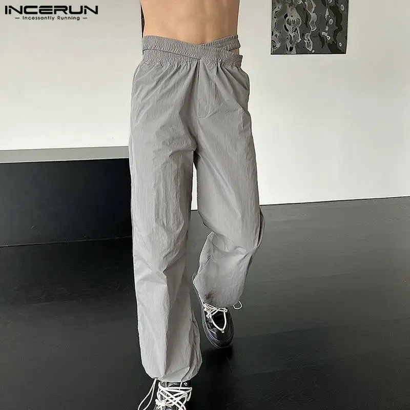 

INCERUN Men Pants Solid Color Elastic Waist Streetwear Joggers Loose Hollow Out Trousers Men 2024 Fashion Casual Pantalon S-5XL