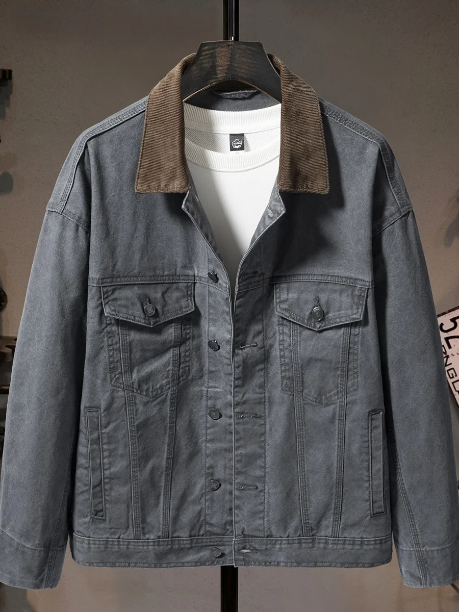 

High-Quali Pure Cotton Retro Collar Denim Jaet Men's New 2026 American Trend Casual Workwear Leisure Coat