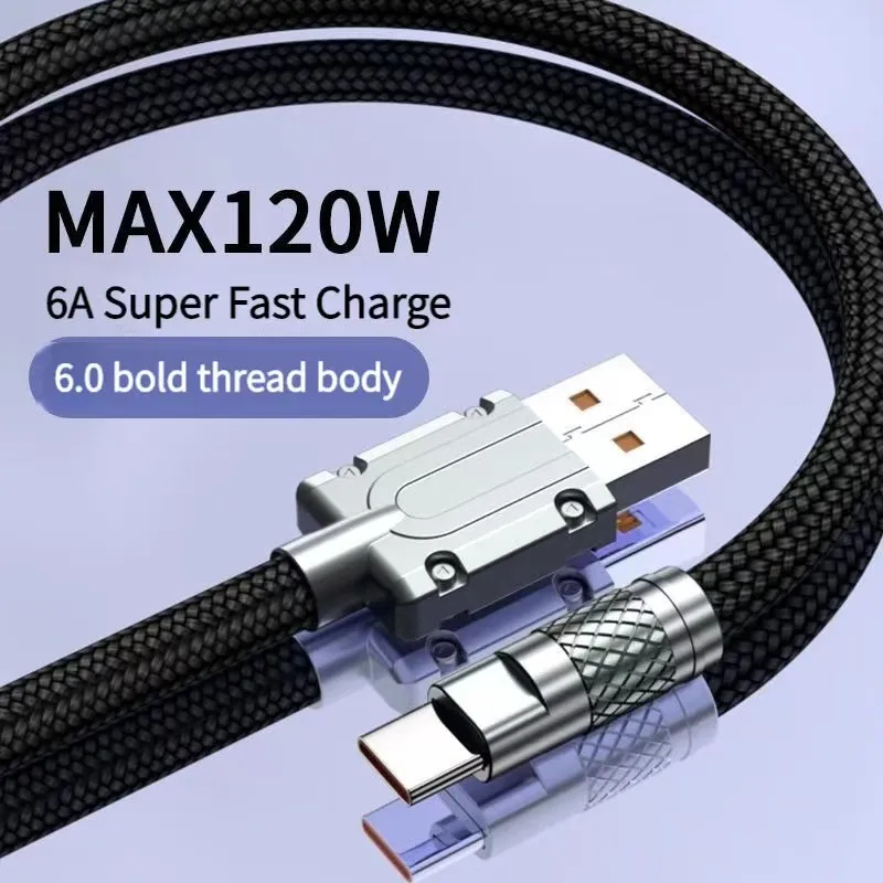 120W Nylon Braided Charge Cable USB C 6A Fast Charging Cable For Xiaomi Huawei USB A to Type C Alloy Metal Support Data Transfer