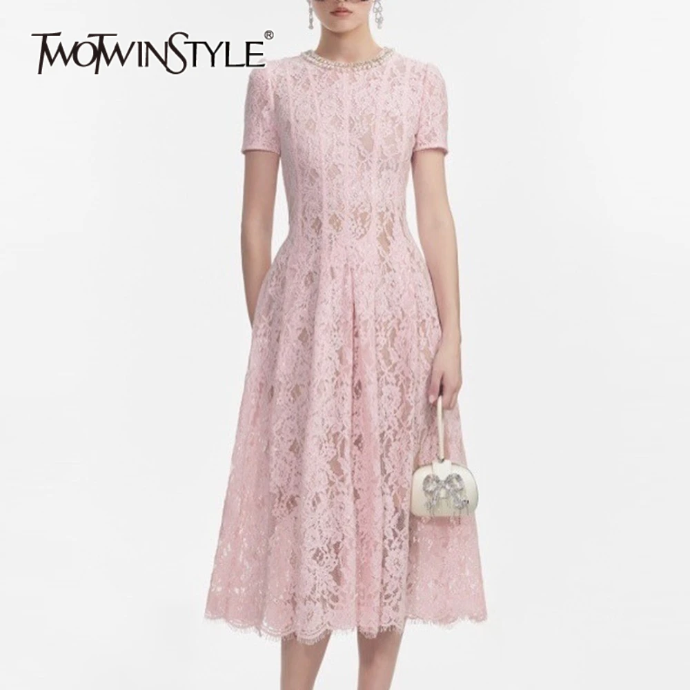 

TWOTWINSTYLE Pink Style Patchwork Diamonds Dresses for Women Round Neck Short Sleeve High Waist Spliced Embroidery Dress Female