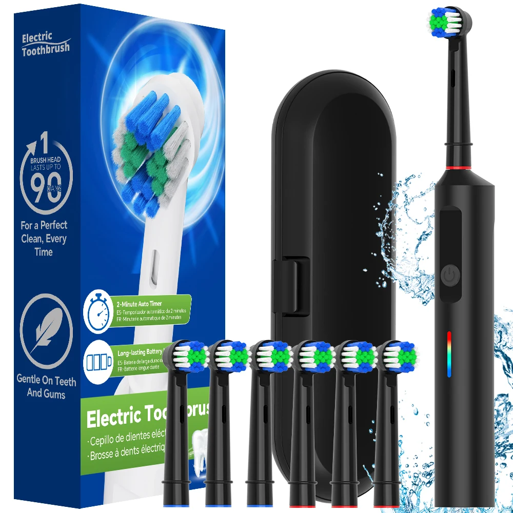 

Waterproof Intelligent Rotating Electric Toothbrush with 3 Modes, 6 Brush Heads & Travel Case, Compatible with Oral B Brush Head