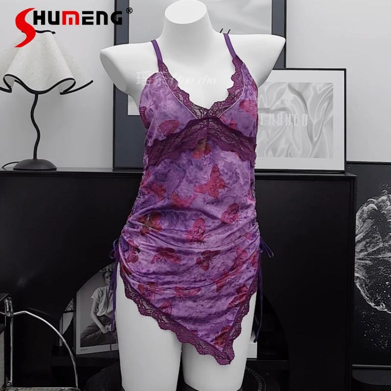 

Sexy Lace Deep V Nightgowns female Backless Velvet Printed Nightdress Set women's sleeveless Underwear Sleepshirts