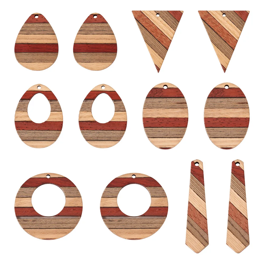 

12Pcs Wooden Geometric Charms Wenge Wood Inverted Triangle Oval Donut Teardrop Kite Pendants for Earring Necklace Jewelry Making