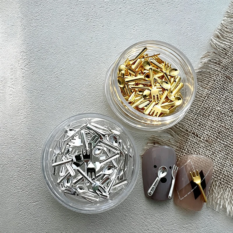 50Pcs Gold Mini Spoon Fork Studs Rivet Nail Charms Shiny 3D Metal Tableware Nail Accessories For Cute Manicure DIY Nail Supplies