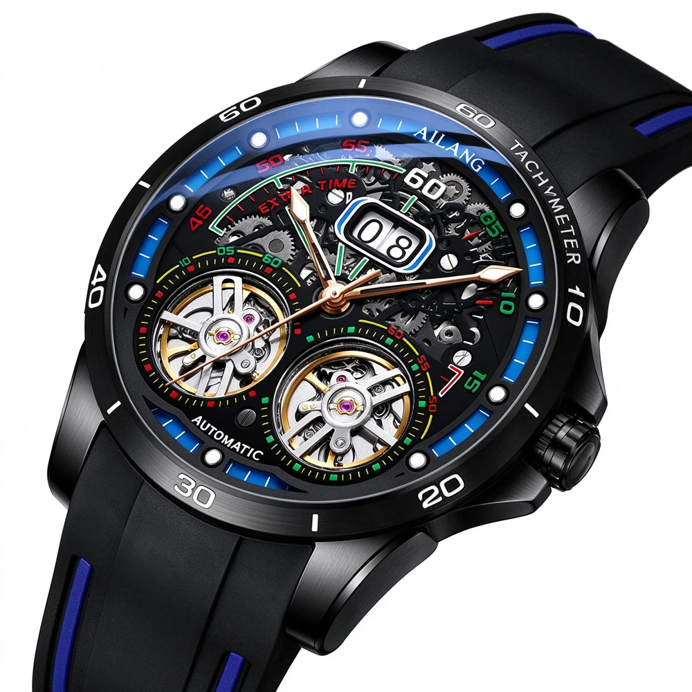 Double Tourbillon Automatic Mechanical Watch for Men Racing Skeleton Dial Silicone Strap Waterproof Sport Wristwatch Relogio
