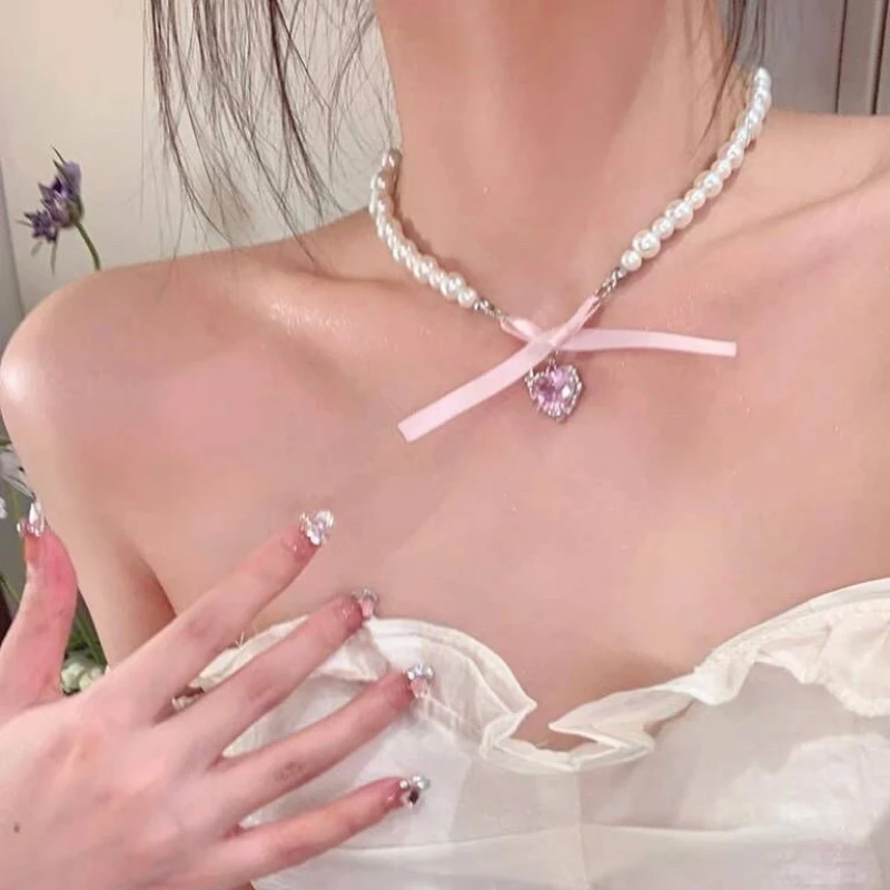 القوس الحب الصليب تقليد اللؤلؤ قلادة قلادة للنساء الفرنسية رومانسية الحلو لوليتا سلسلة الترقوة Harajuku Y2K مجوهرات هدايا #2