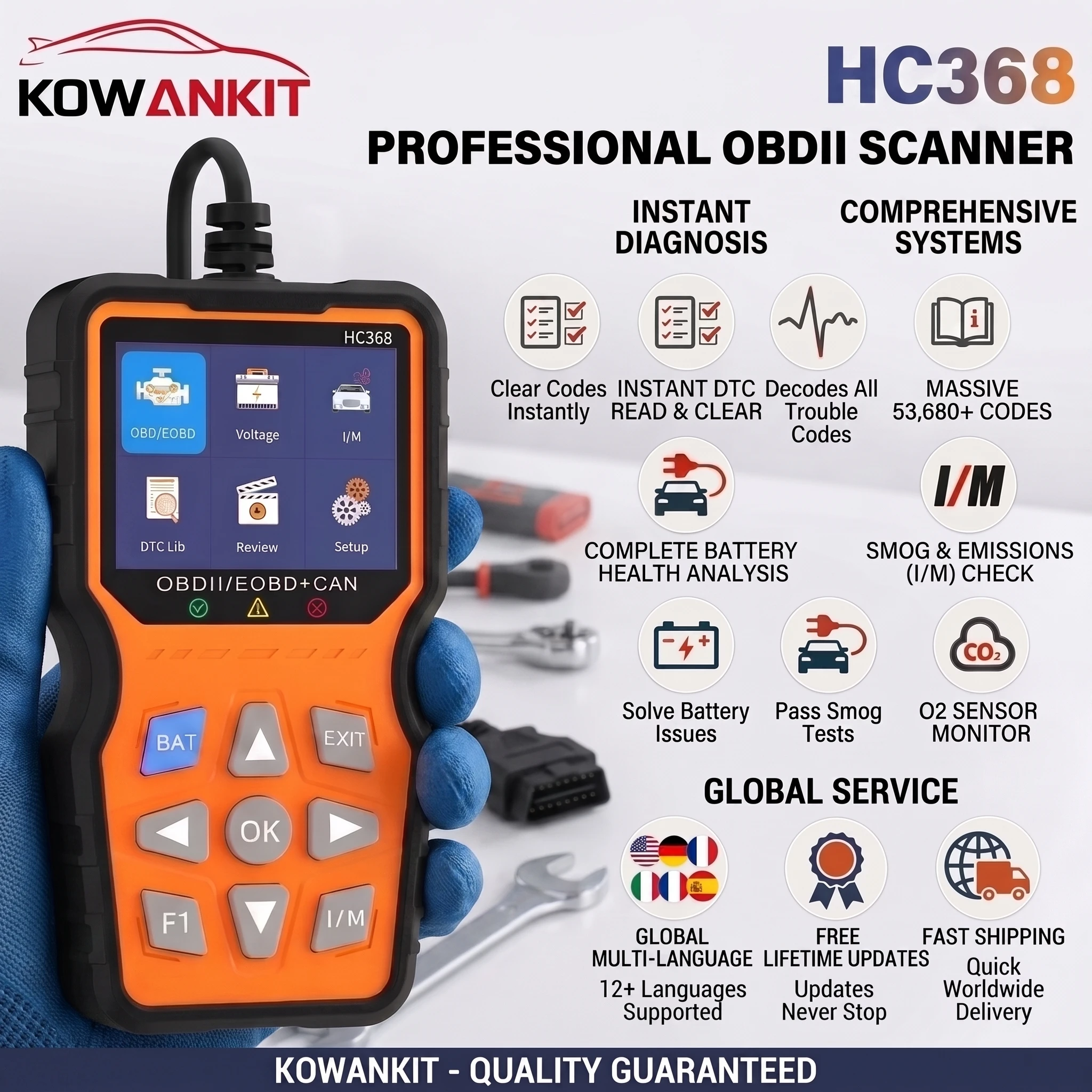 OBD2 Scanner HC368 Car Fault Code Reader Universal Battery Tester Check Engine System Clear Fault Code Auto Diagnostic Tools
