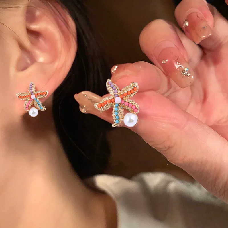 

Korean Imitation Pearl Colorful Starfish Stud Earrings For Women Girls Delicate Temperament Earrings Jewelry Summer Beach Gifts