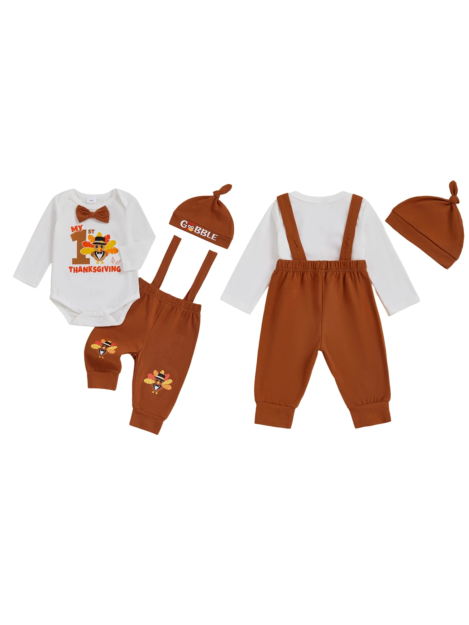 

Adorable Baby Boy Thanksgiving Ensemble with Turkey Print Long Sleeve Bowtie Romper Elastic Waist Suspender Pants and