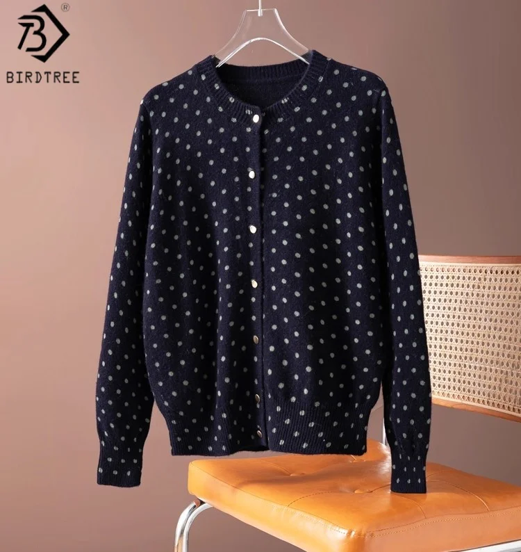 

Birdtree 100% Sheep Wool Knited Sweater,Woman Dot Print O-neck Full Sleeve Cardigan,Single Breasted Autumn Soft Tops T59501JF