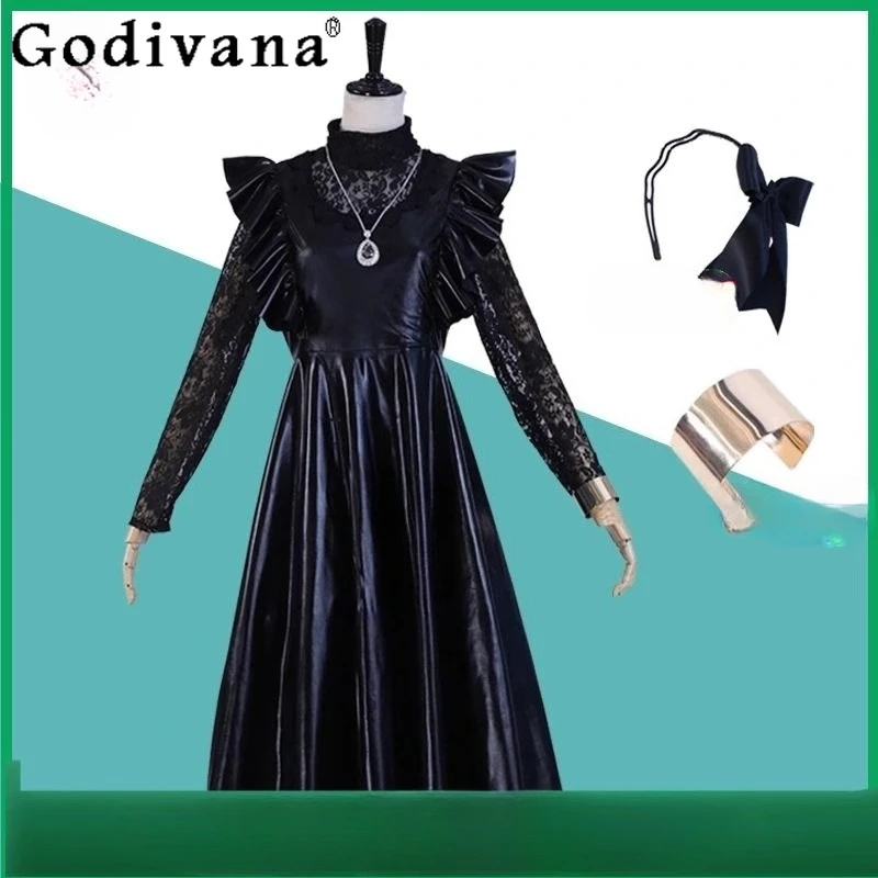 

Shiny Leather Long Dress Set Women Long Sleeve Floor Length Party Dress Outfits Female Black Color Halloween Anime Suits