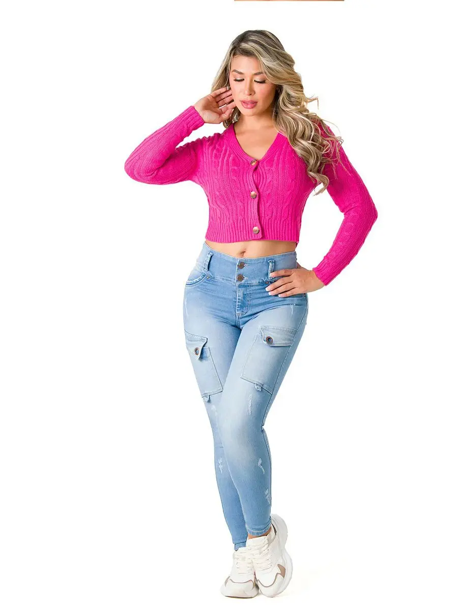 

Women's fashionable and casual high waist elastic slim hip lifting front button pocket metal air-eye work nine-point jeans