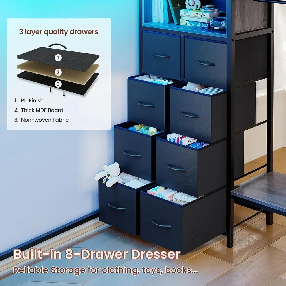 سرير علوي بحجم مزدوج مع مكتب، 11 درج تخزين، علوي معدني للأطفال مع أضواء RGB، محطة شحن، أرفف ورف ملابس، 13