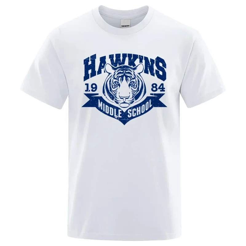 Camisetas engraçadas estampadas masculinas, camiseta de tigre do ensino médio Hawkins, roupas soltas de algodão, o pescoço, respirável, manga curta, 80536