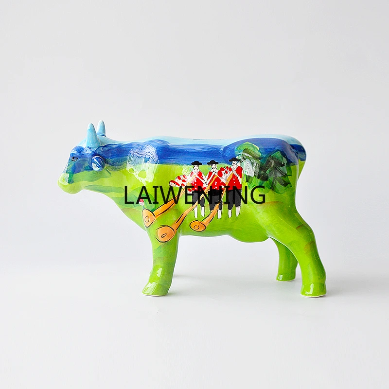 

MJY artificial hand-painted multicolored ceramic cow ornament rural musical instrument art decoration