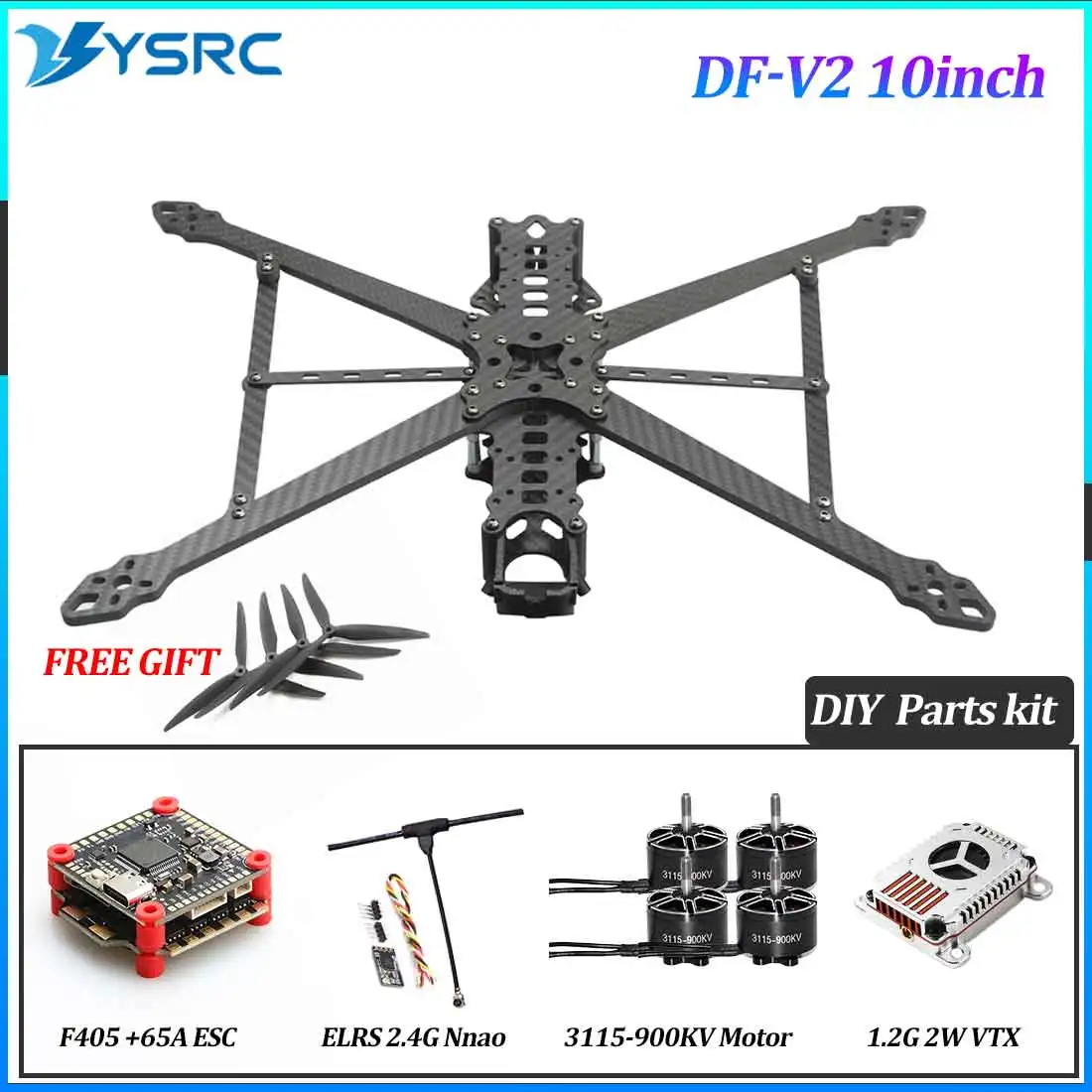 DF-V2 10inch DIY Carbon Fiber Frame Kit KV900 Brushless Motor F405 FC 65A ESC 1050 Propeller 2W VTX Camera ELRS 915/2.4G Receive