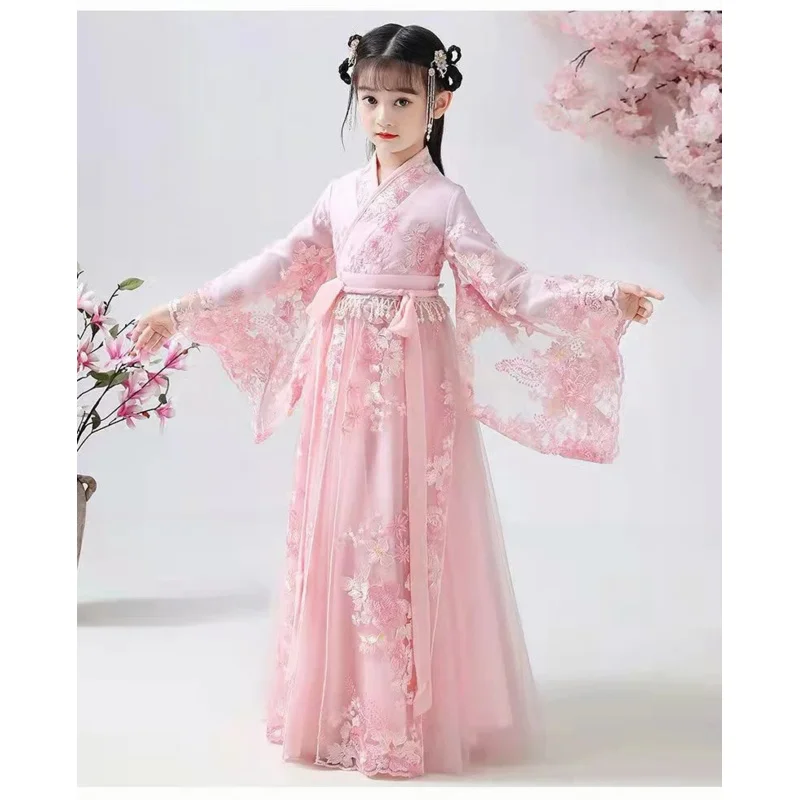 Chinese traditional folk dance dress girls pink dance costume Hanfu girls princess dresses set kids party cosplay clothing