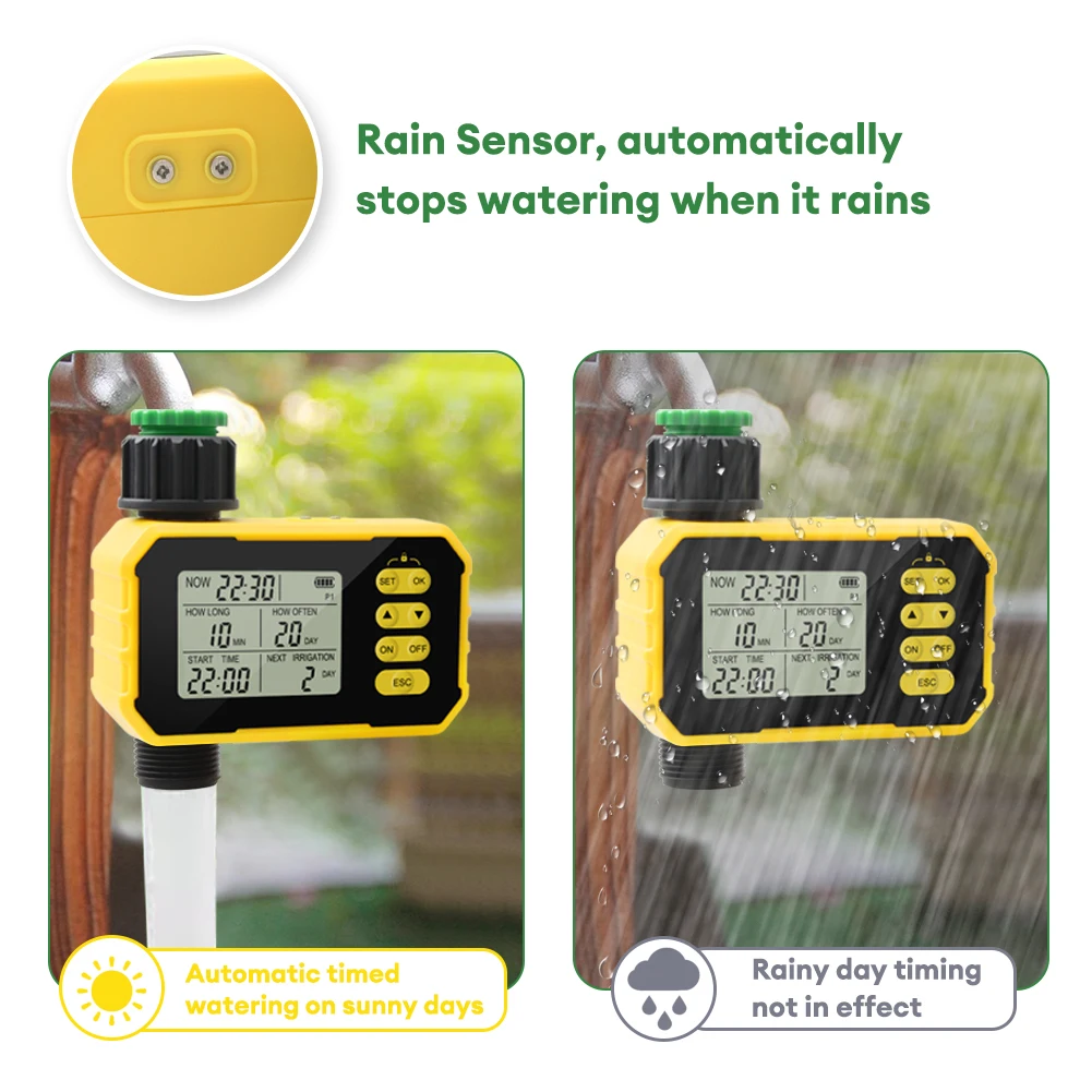 Yieryi Solar Charging Watering Timer Digital Irrigator Timer 4 Programs Rain Sensor Water Valve Sprinkler Controller for Outdoor