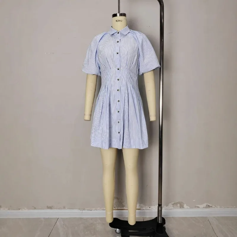 Amazon zacht reversoverhemd, gestreepte minirok met enkele rij knopen, zomer Europese stijl, elegante grensoverschrijdende dameskleding