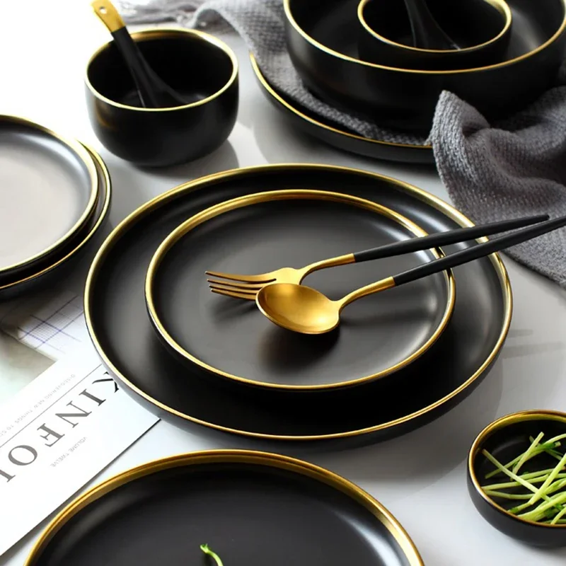 Porcelain Dinner Plates Dishes Plates and Bowls Set Black Tableware Set Food Plate Salad Soup Bowl Dinnerware Set for Restaurant