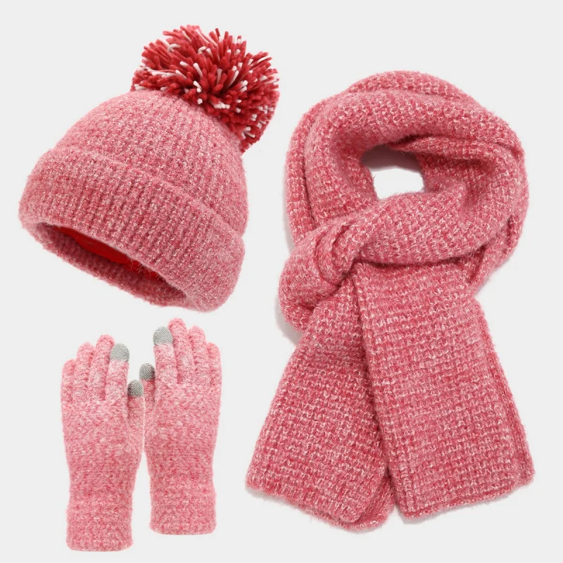 

Женский толстый большой комплект из трех предметов с помпоном, шапка, шарф, перчатки, осенне-зимний утолщенный теплый простой морозостойкий комплект из трех предметов