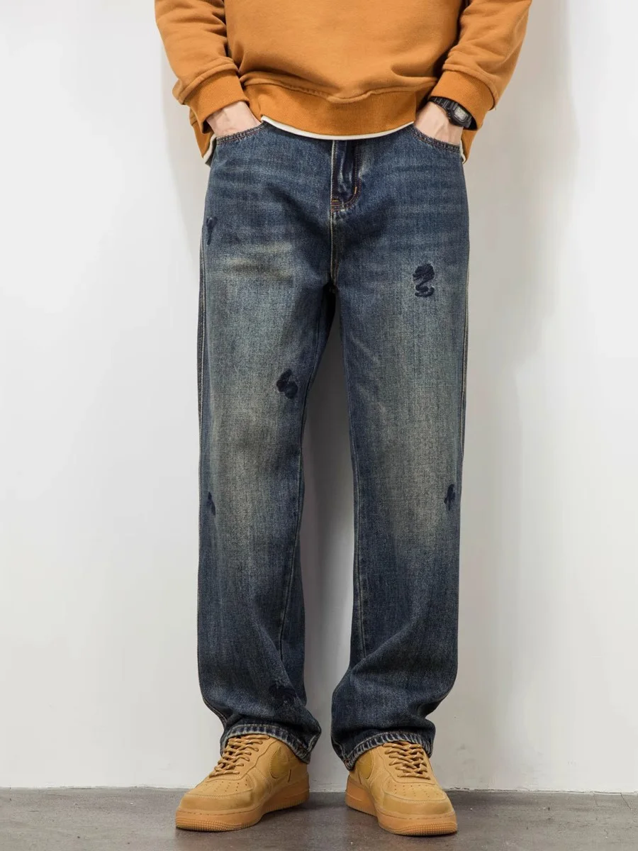 

Spring Autumn Embroidered Loose Men's Jeans Straight Leg Casual American Retro Trendy Pants 2025 New Sle Spring Faion