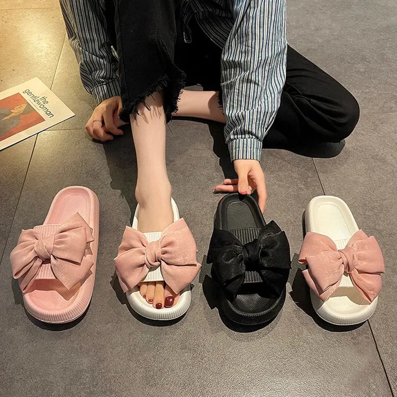 2026 Women Fashion Bow Non Slip Thick Sole Slide Sandals Comfortable Summer Indoor Outdoor Daily Wear Footwear