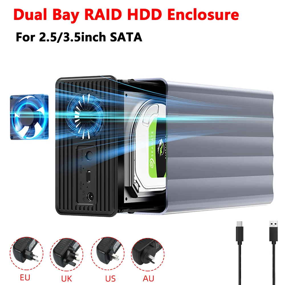 

Вентилятор охлаждения корпуса жесткого диска RAID с двумя отсеками для 2,5/3,5-дюймового SATA SSD/HDDUSB 3.0 HDD Box RAID 0/1/JBOD/клонного алюминиевого корпуса