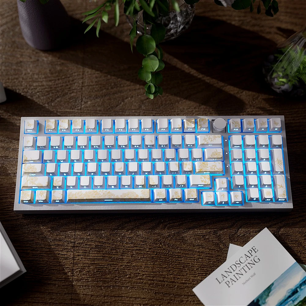 Embroidered Platinum Theme, Keycaps, Side Engraved Transparent PBT 136 Keys Cherry for MX Switches, Gaming Mechanical Keyboard