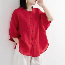 Women's Summer Fashion Simplicity Solid Color Polo Collar Lantern Sleeve Shirts Women Clothes Casual Loose All-match Tops