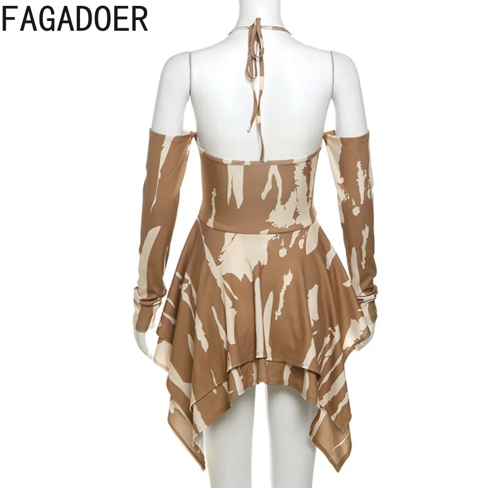 FAGADOER Khaki Sexy Printing Hollow Bodycon Irregular Mini Dresses Women Halter Off Shoulder Long Sleeve Slim Vestidos Clothing