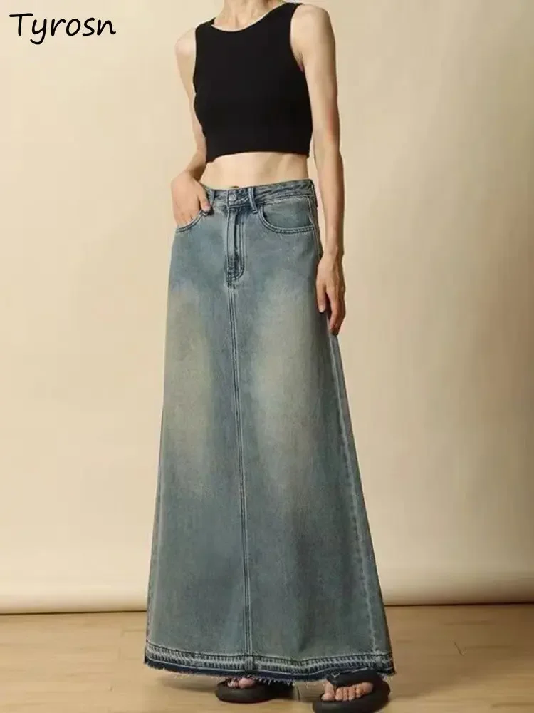 

Макси-джинсовые юбки с кисточками и разрезом, уличная одежда с высокой талией, одежда Y2k Kawaii Harajuku Faldas Largas Ropa Mujer, элегантный универсальный шик