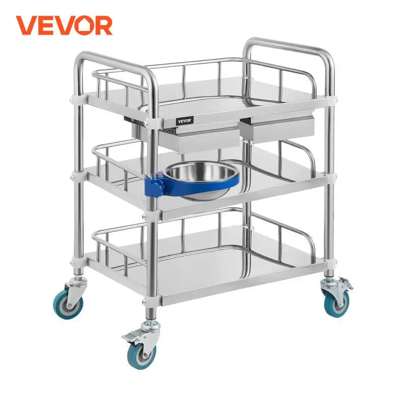 

VEVOR Lab Cart 3 Layers Double Drawers 304 Stainless Steel Medical Cart with Swivel Casters 1 Refuse Basin Service for Hospital