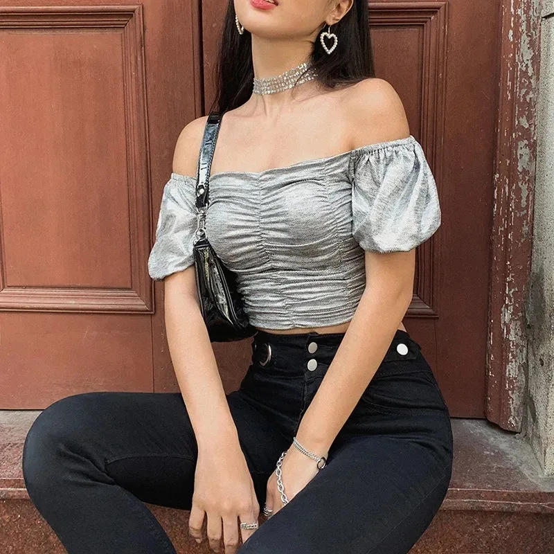 Women's Metallic Off Shoulder Puff Sleeve Ruched Crop Top Silver Shiny Party Clubwear view 4