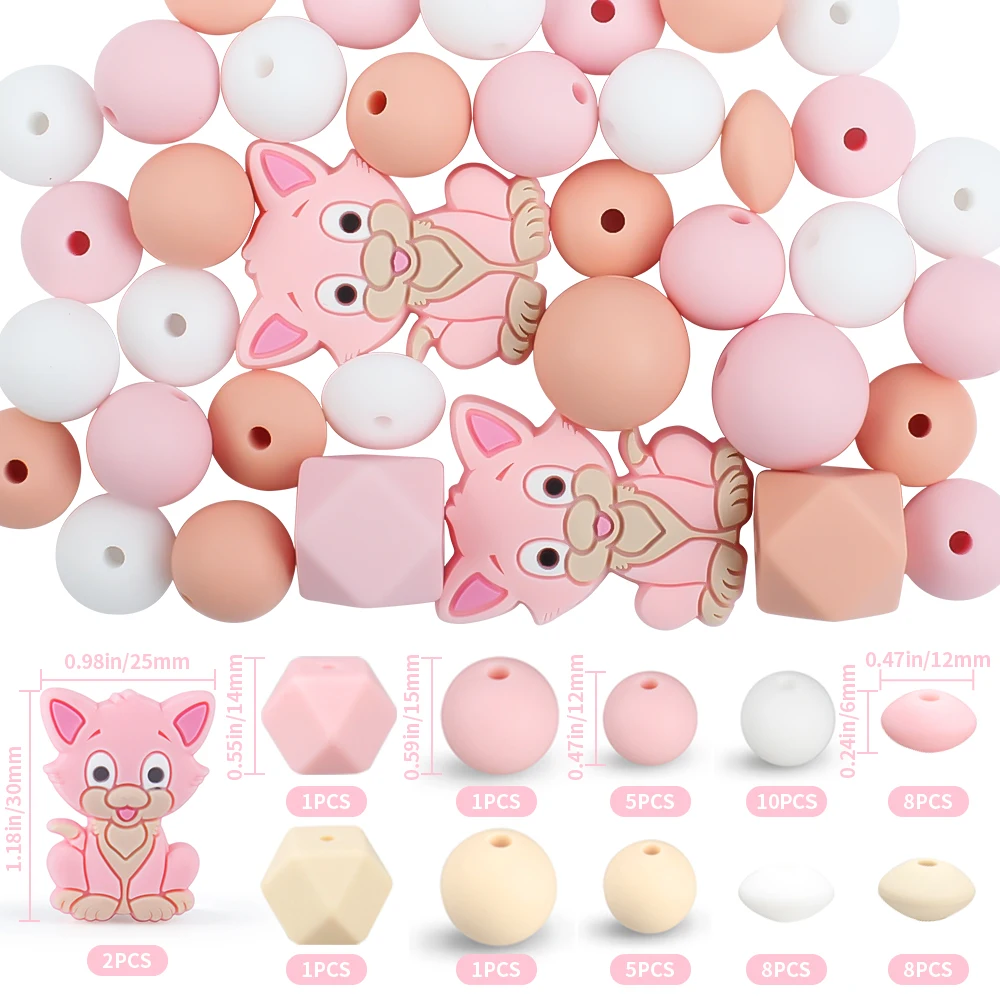 50Pcs/Set kittens Silicone Beads Sets Baby Round Teething Beads Teether Food Grade DIY Pacifier Clips Bracelet Keychain Supplies